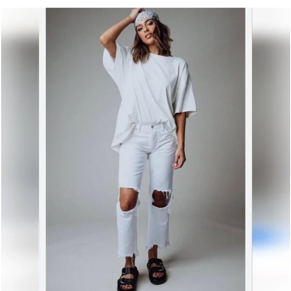 We The Free People White Denim Button Fly Jeans Distressed Raw Edge 30
